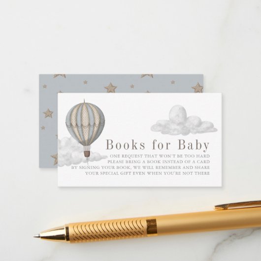 Blue Hot Air Balloon Baby Shower Book Request Informatiekaartje (Voorkant / Achterkant in situ)