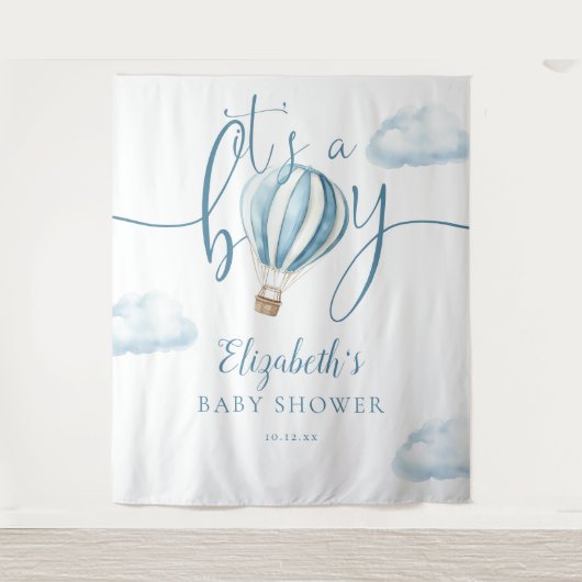 Blue Hot Air Balloon Baby shower Foto Achtergrond Wandkleed (Voorkant)