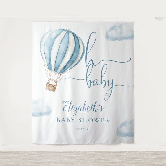 Blue Hot Air Balloon Baby shower Foto Achtergrond Wandkleed (Voorkant)