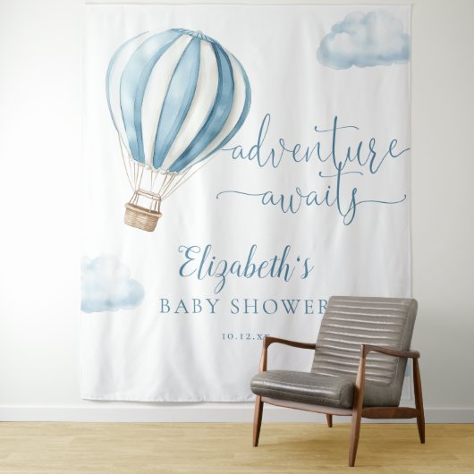 Blue Hot Air Balloon Baby shower Foto Achtergrond Wandkleed (In situ)