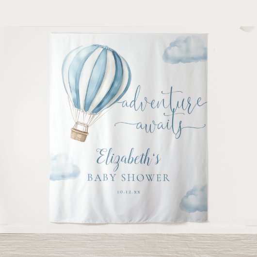 Blue Hot Air Balloon Baby shower Foto Achtergrond Wandkleed (Voorkant)