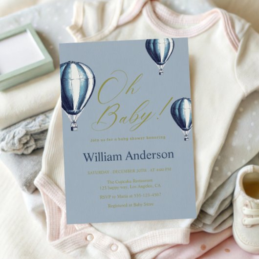 Blue Hot Air Balloon Baby Shower Invitation  Kaart