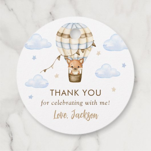 Blue Hot Air Balloon Boy 1e verjaardag Bedankjes Labels (Achterkant)