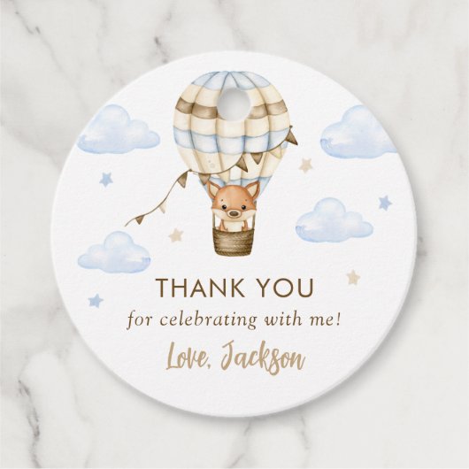 Blue Hot Air Balloon Boy 1e verjaardag Bedankjes Labels (Voorkant)