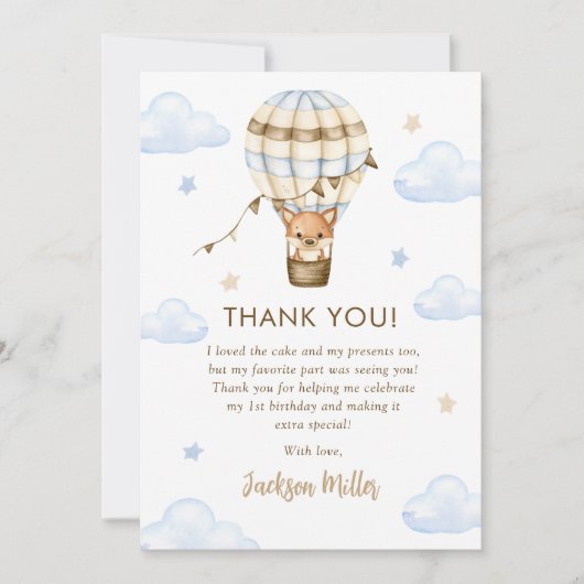 Blue Hot Air Balloon Boy 1e verjaardag Bedankkaart (Voorkant)
