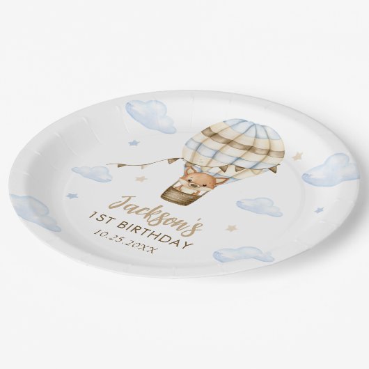 Blue Hot Air Balloon Boy 1e verjaardag Papieren Bordje (Gekanteld)