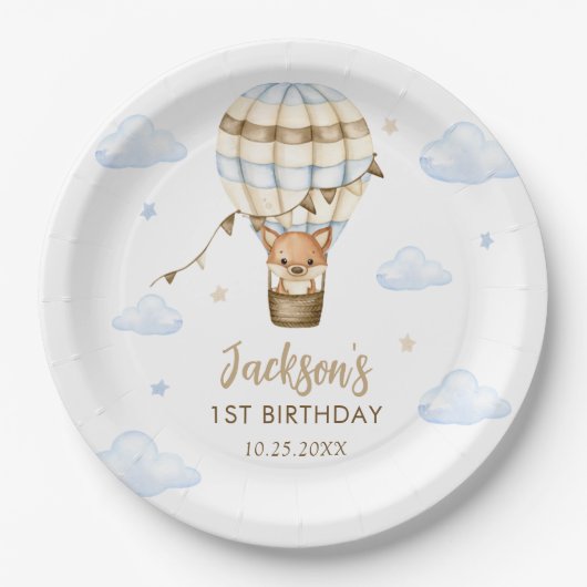 Blue Hot Air Balloon Boy 1e verjaardag Papieren Bordje (Voorkant)