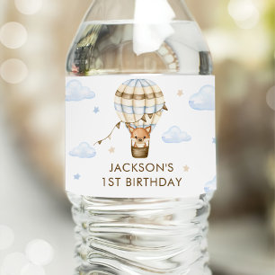 Blue Hot Air Balloon Boy 1e verjaardag Waterfles Etiket