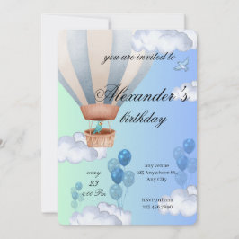 Blue Hot Air Balloon Boy Birthday Invitation Kaart