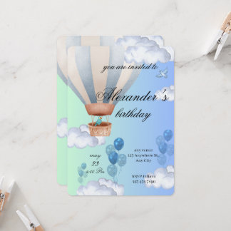 Blue Hot Air Balloon Boy Birthday Invitation Kaart