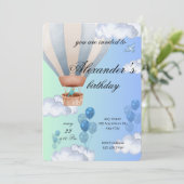 Blue Hot Air Balloon Boy Birthday Invitation  Kaart (Staand voorkant)