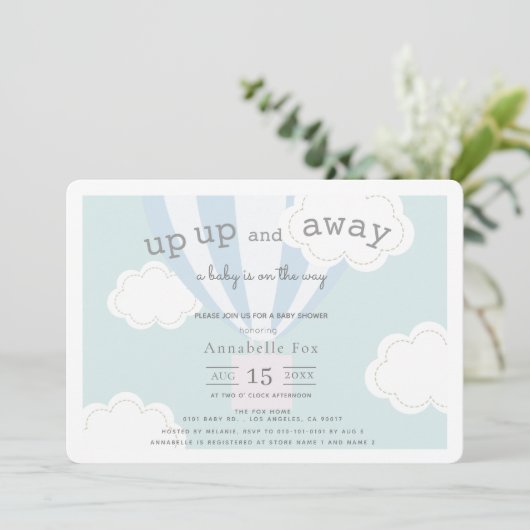 Blue Hot Air Balloon Up en Away Baby shower Kaart (Staand voorkant)