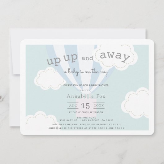 Blue Hot Air Balloon Up en Away Baby shower Kaart (Voorkant)