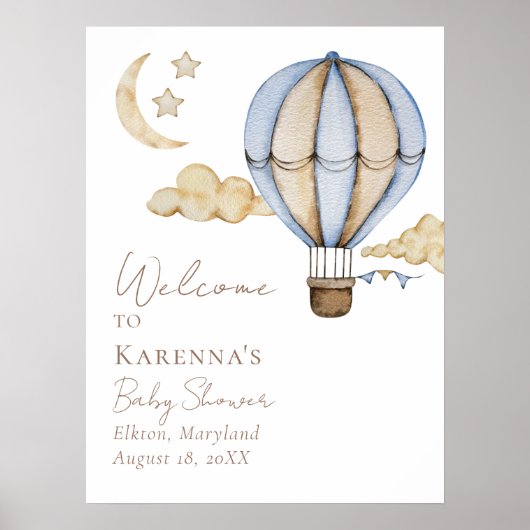 Blue Hot Air Balloon White Baby shower Welkom Poster (Voorkant)