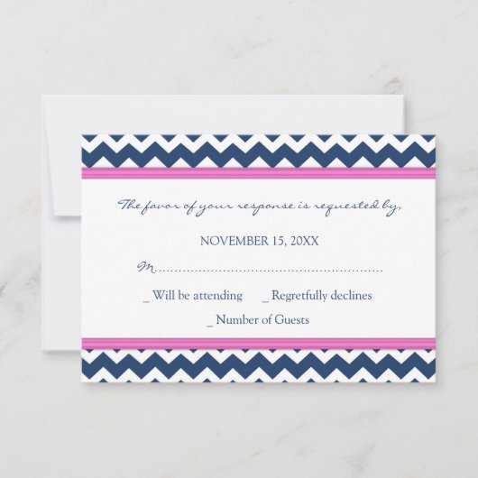 Blue Hot Pink Chevron RSVP Weddenkaart (Voorkant)