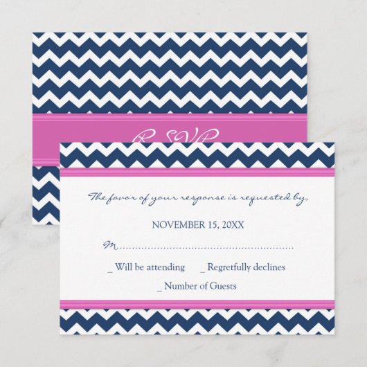 Blue Hot Pink Chevron RSVP Weddenkaart (Voorkant / Achterkant)