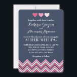 Blue Hot Pink Chevron Wedding Invitation Love Kaart<br><div class="desc">Eenvoudige en elegante chevron-uitnodiging. Met een hartvorm bovenaan die de viering van liefde en huwelijk aangeeft. De achterkant van de kaart is ook versierd met chevron-patroon. U kunt de formulering ook aanpassen voor elke keer, zoals Vrijgezellenfeest, baby shower, verlovingspartij, vrijgezellenfeest, bbq party, verjaardag, verjaardagen en nog veel meer. Overeenkomende RSVP-kaart...</div>
