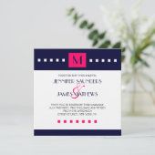 Blue Hot Pink Monogram Moderne Weddenschap Kaart (Staand voorkant)