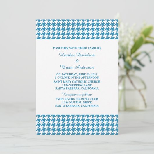 Blue Houndstooth Wedding Invite Kaart (Staand voorkant)