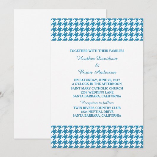Blue Houndstooth Wedding Invite Kaart (Voorkant / Achterkant)