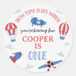 Blue How Time Flies Plane 1e verjaardag Ronde Sticker