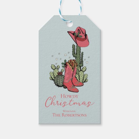 Blue Howdy Christmas Cowgirl laarzen en cactussen Cadeaulabel (Voorkant)