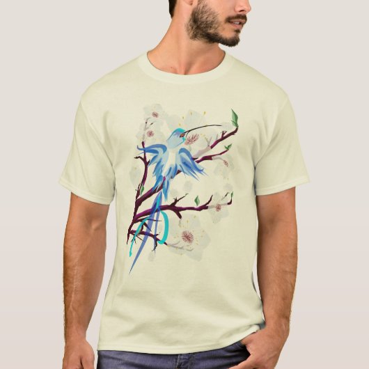 Blue Hummingbird and Cherry Blossom T-shirt (Voorkant)