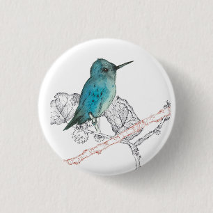 Blue Hummingbird Branches Waterverf Ronde Button 3,2 Cm