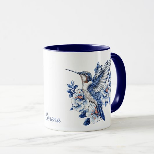 Blue Hummingbird Floral Monogram Mok (Voorkant rechts)