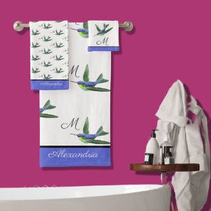 Blue Hummingbird Green waterverf Monogram initiaal Bad Handdoek
