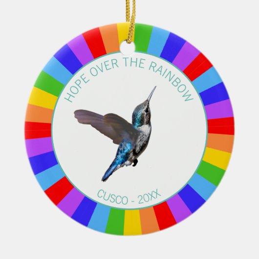 Blue Hummingbird op regenboogkleuren Keramisch Ornament (Voorkant)
