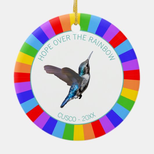 Blue Hummingbird op regenboogkleuren Keramisch Ornament (Achterkant)