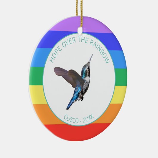 Blue Hummingbird op regenboogkleuren Keramisch Ornament (Rechts)