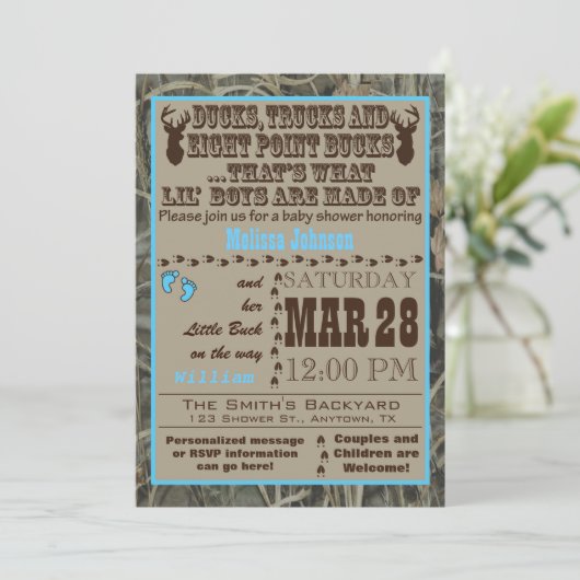 Blue Hunting Camo Baby Boy Shower Uitnodigingen (Staand voorkant)