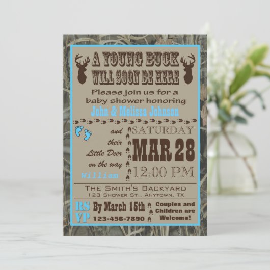 Blue Hunting Camo Baby Shower-uitnodigingen Kaart (Staand voorkant)