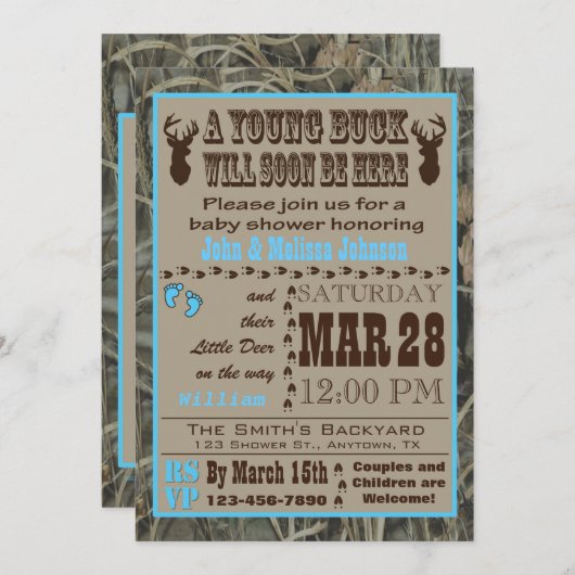 Blue Hunting Camo Baby Shower-uitnodigingen Kaart (Voorkant / Achterkant)