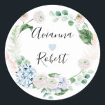 Blue Hydrange Blush Roos Wedding Sticker<br><div class="desc">Moderne botanische kreet van eucalyptus,  hydrangea en rozen omringt de trouwparennamen. De namen worden geschreven in een modern manuscript.</div>