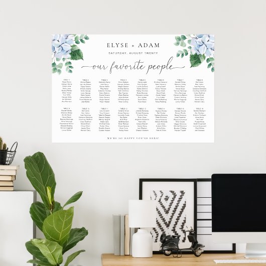 Blue Hydrangea 16 Table Seating Chart Poster (Thuiskantoor)