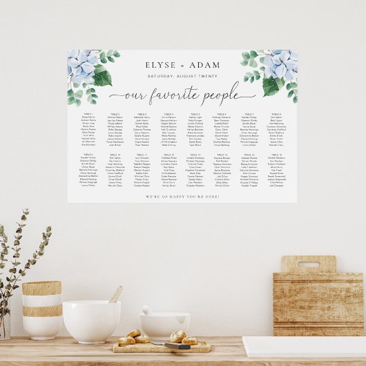 Blue Hydrangea 16 Table Seating Chart Poster (Keuken)