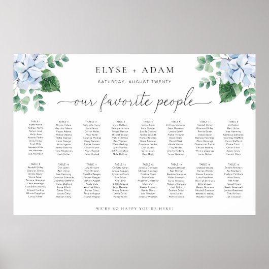 Blue Hydrangea 16 Table Seating Chart Poster (Voorkant)