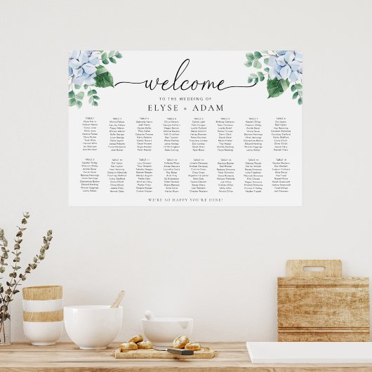Blue Hydrangea 16 Table Seating Chart Poster (Keuken)