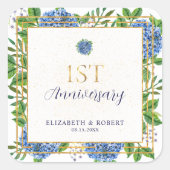 Blue Hydrangea 1st Year Paper Jubileum Party Vierkante Sticker (Voorkant)