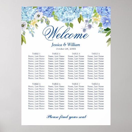 Blue Hydrangea 8 Tables Wedding SEATING CHART Poster (Voorkant)