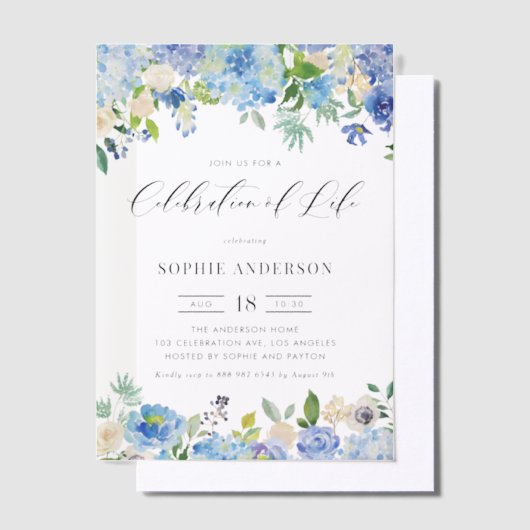 Blue Hydrangea and Ivory Rose Celebration of Life Vellum Uitnodigingen (Offset)