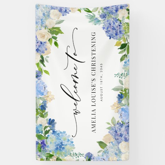 Blue Hydrangea and Ivory Rose Christening Spandoek (Verticaal)