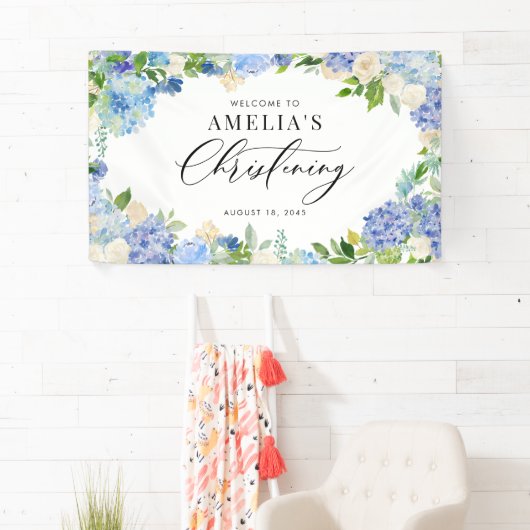 Blue Hydrangea and Ivory Rose Christening Spandoek (Insitu)