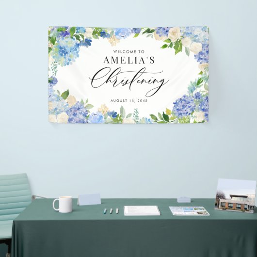 Blue Hydrangea and Ivory Rose Christening Spandoek (Beurs)