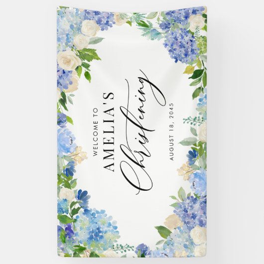 Blue Hydrangea and Ivory Rose Christening Spandoek (Verticaal)