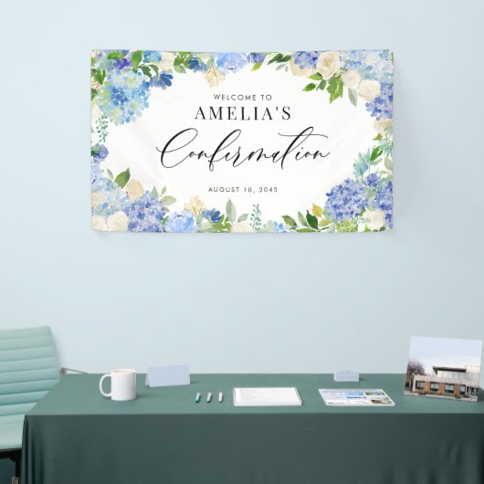 Blue Hydrangea and Ivory Rose Confirmation Spandoek (Beurs)