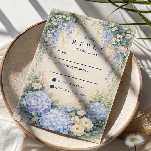 Blue Hydrangea And Ivory Rose Wedding RSVP Kaartje